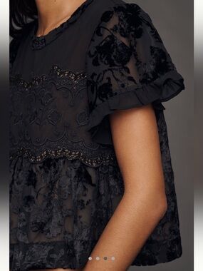 Anthropologie Black Sheer Floral Burnout Lace-Trim Top